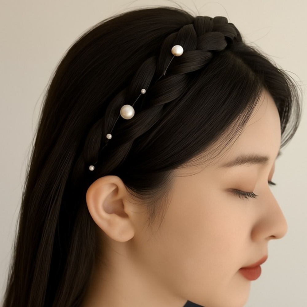 Braided Hair Headband with Pearls – Black Natural Look Costume Cosplay Accessory